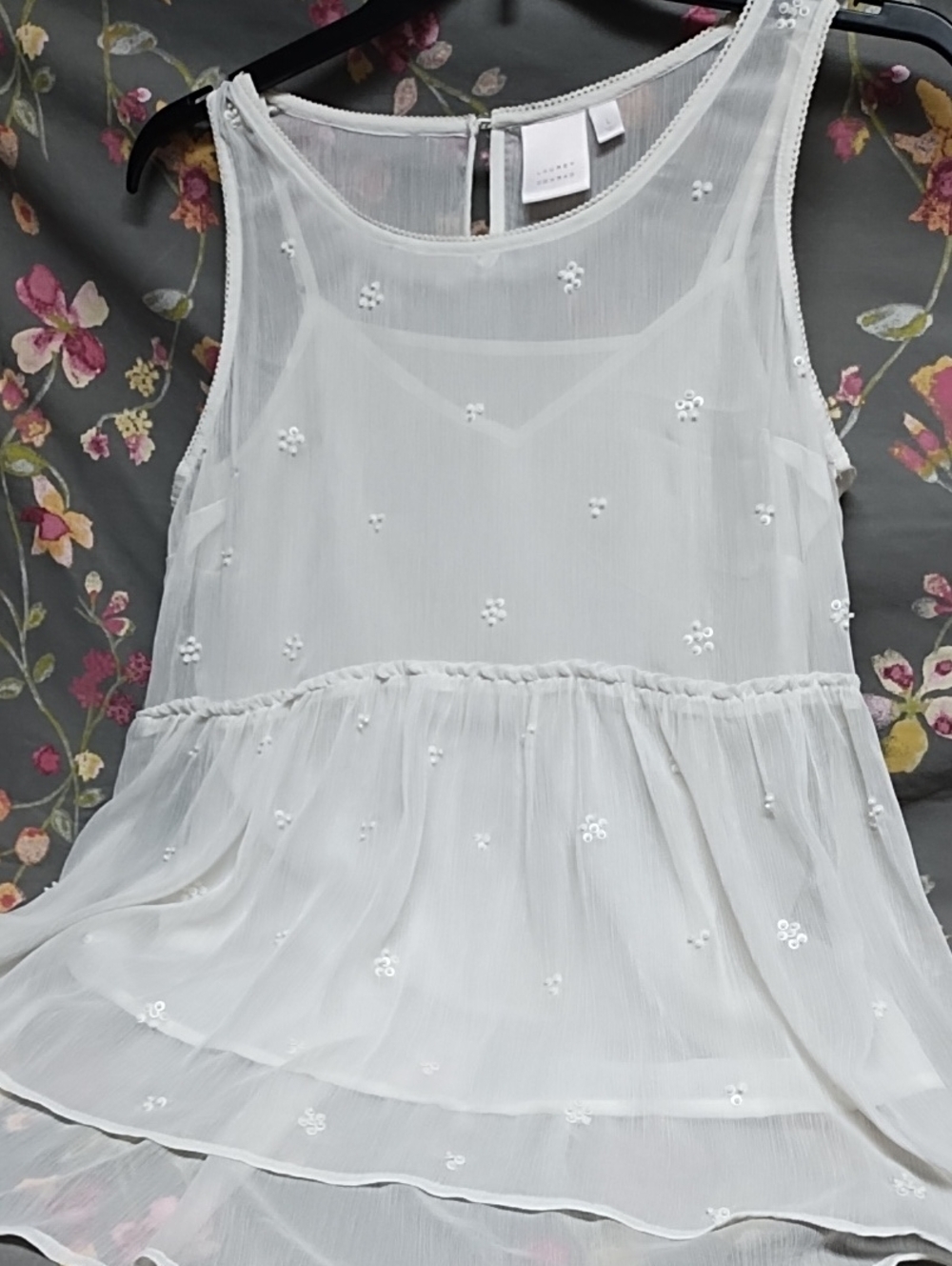 Lauren Conrad Off White Sleeveless  Sheer Embroidered Peplum Top